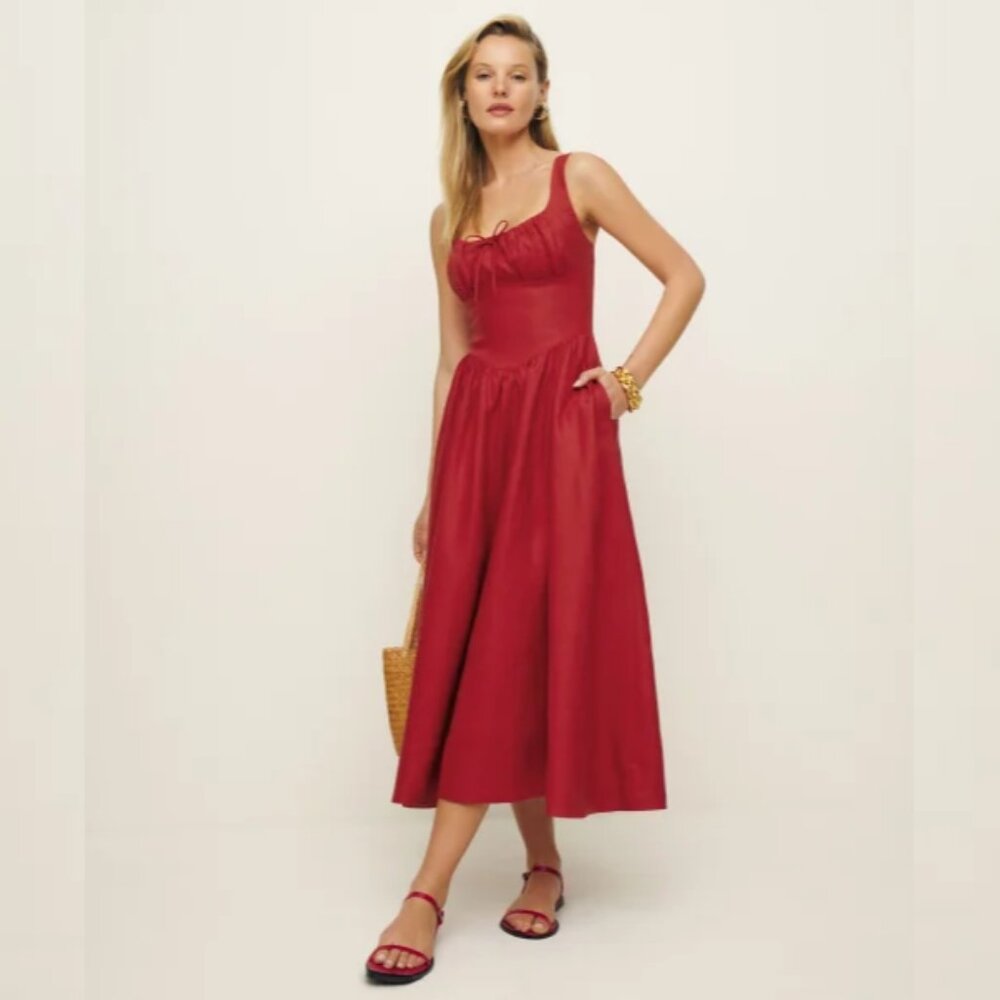 NWOT Reformation Balia Linen Dress in Sundried Tomato Red Sleeveless Midi